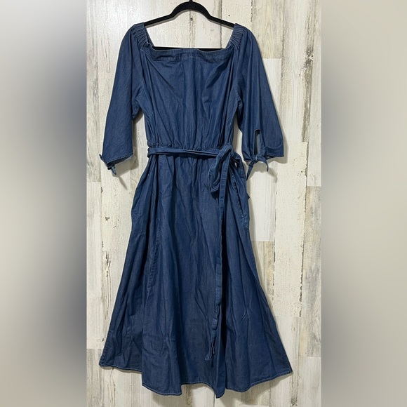 Eloquii Blue off Shoulder Lightweight Denim Dress Tie Front and 3/4 Sleeves - Picture 2 of 12